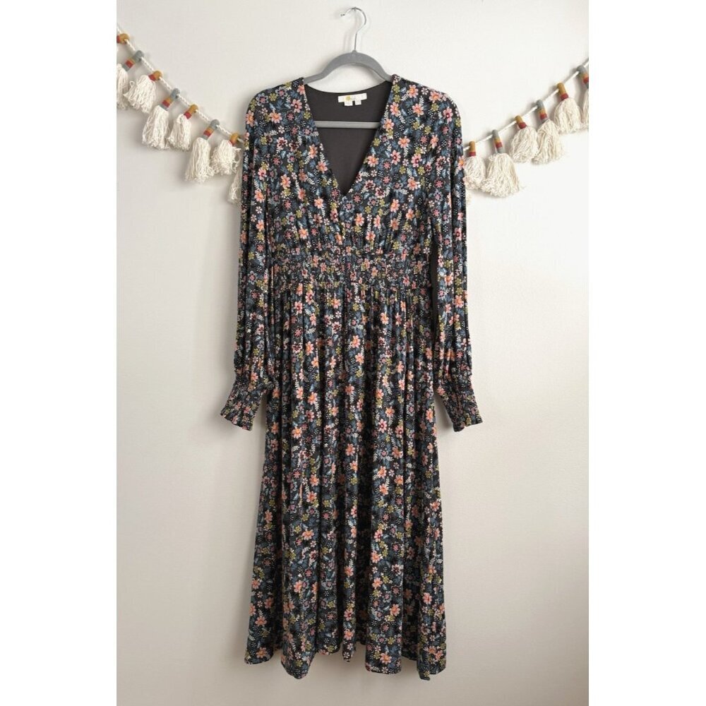 Boden Floral Smocked Long Sleeve Midi Dress Graphic Leaf Cottage Prairie Fairy 6